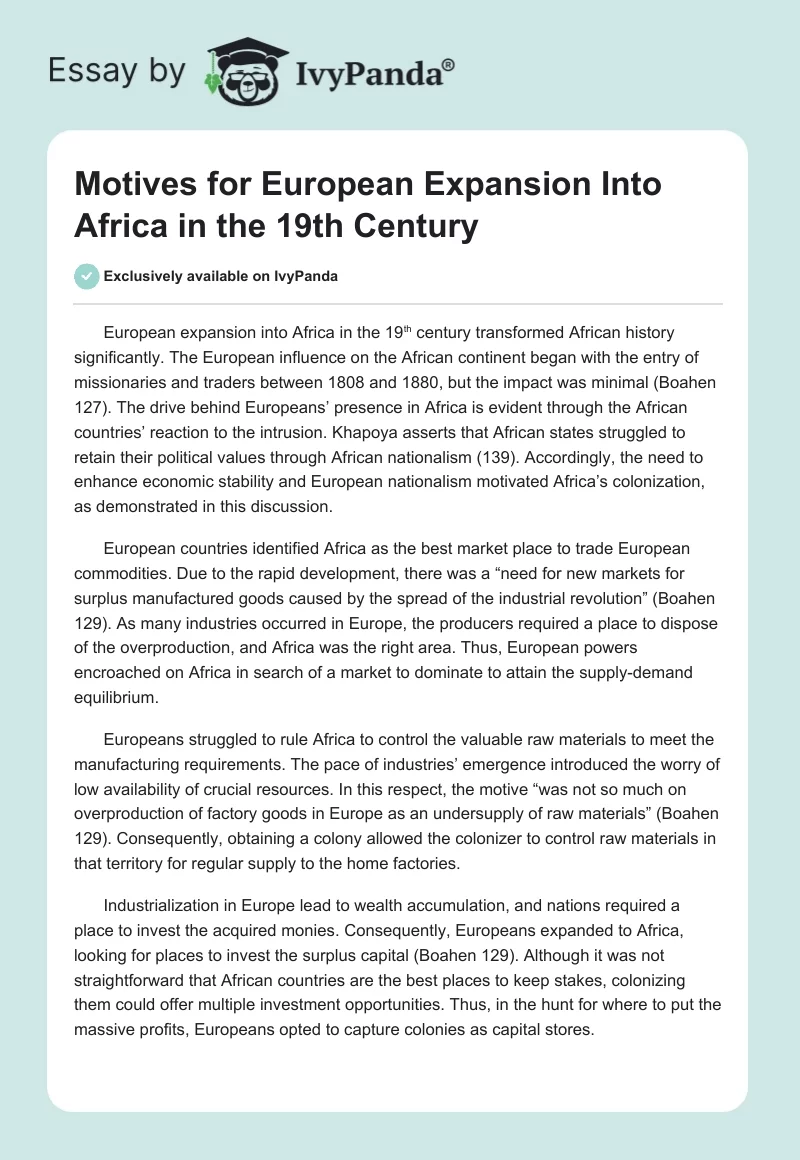 Motives for European Expansion Into Africa in the 19th Century. Page 1