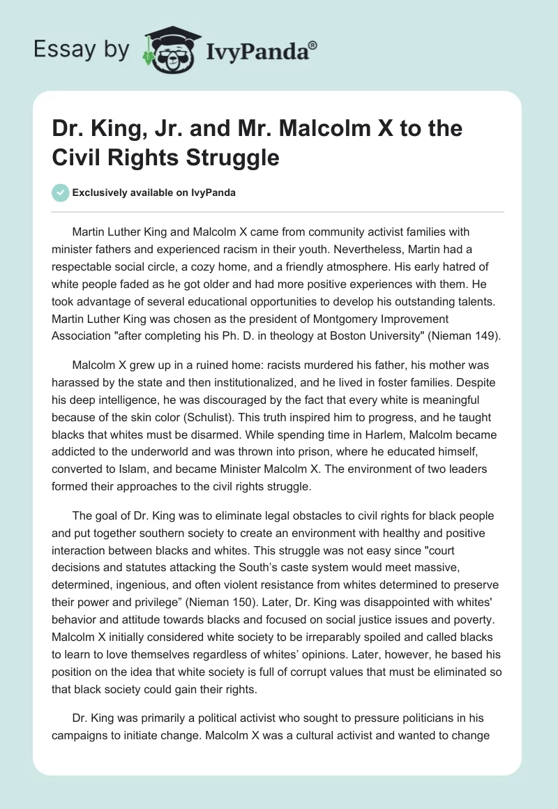 Dr. King, Jr. and Mr. Malcolm X to the Civil Rights Struggle. Page 1