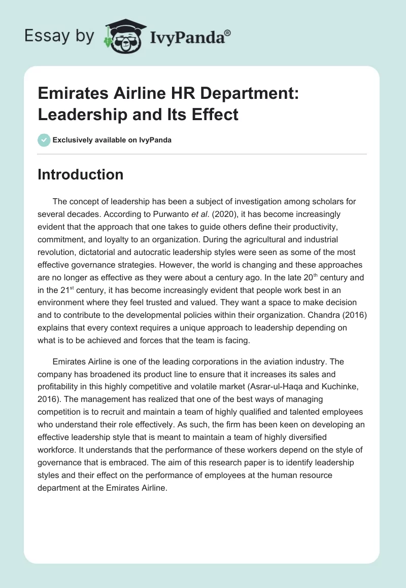 Emirates Airline HR Department: Leadership and Its Effect. Page 1