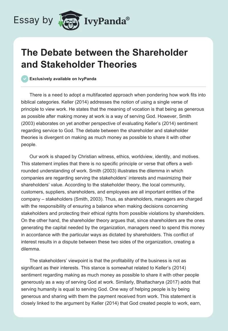 The Debate between the Shareholder and Stakeholder Theories. Page 1