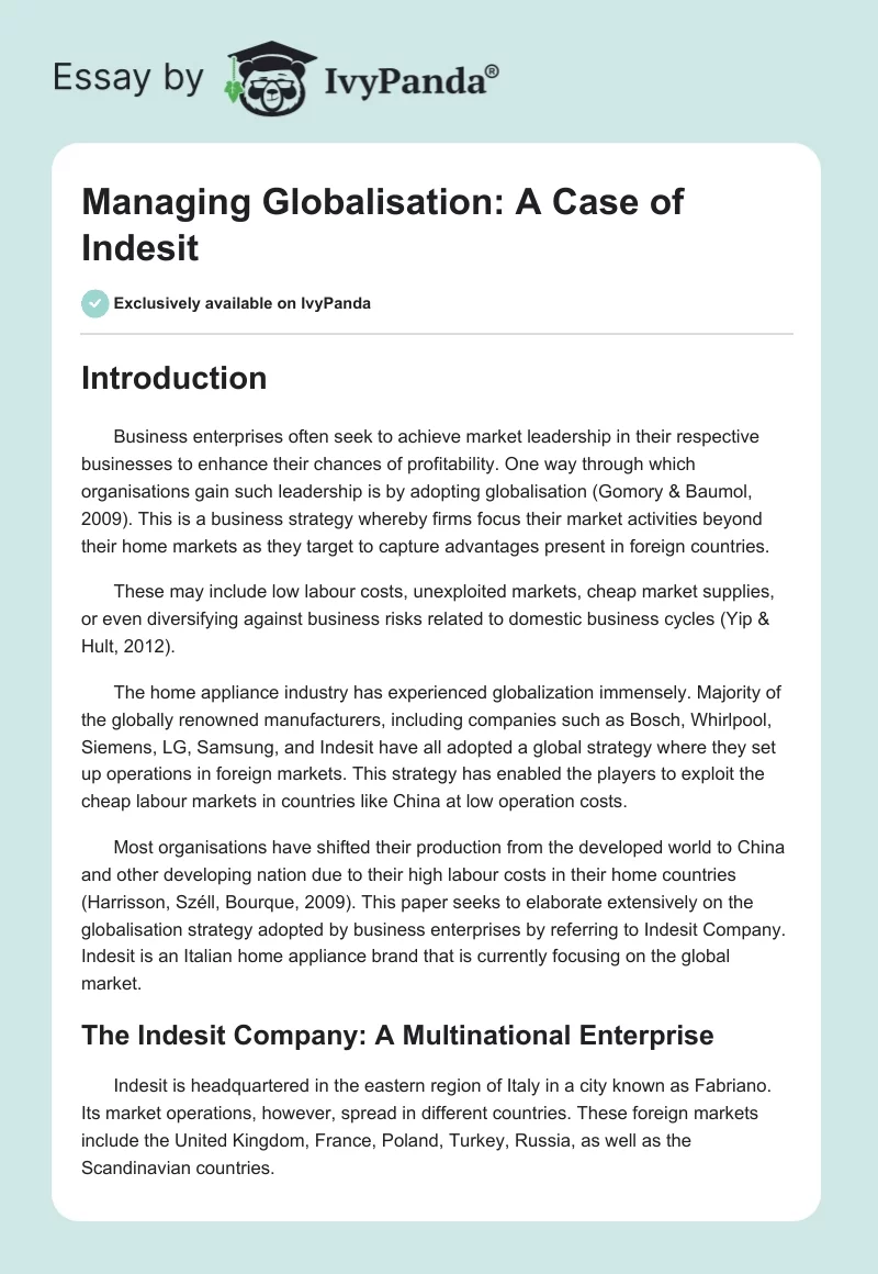 Managing Globalisation: A Case of Indesit. Page 1