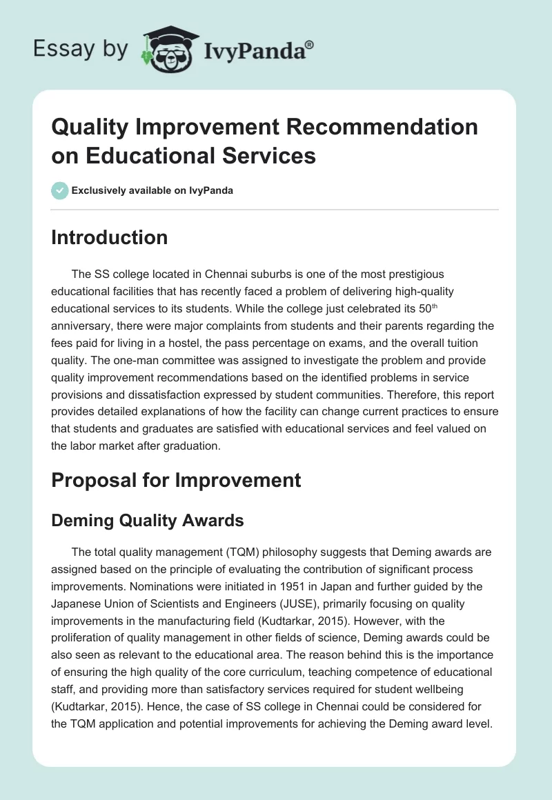 Quality Improvement Recommendation on Educational Services. Page 1