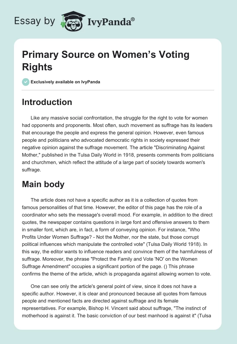 Primary Source on Women’s Voting Rights. Page 1
