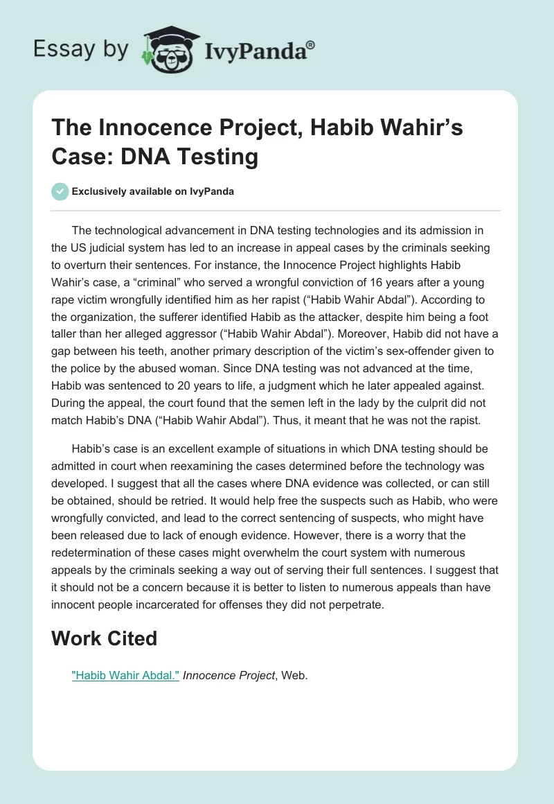 The Innocence Project, Habib Wahir’s Case: DNA Testing. Page 1