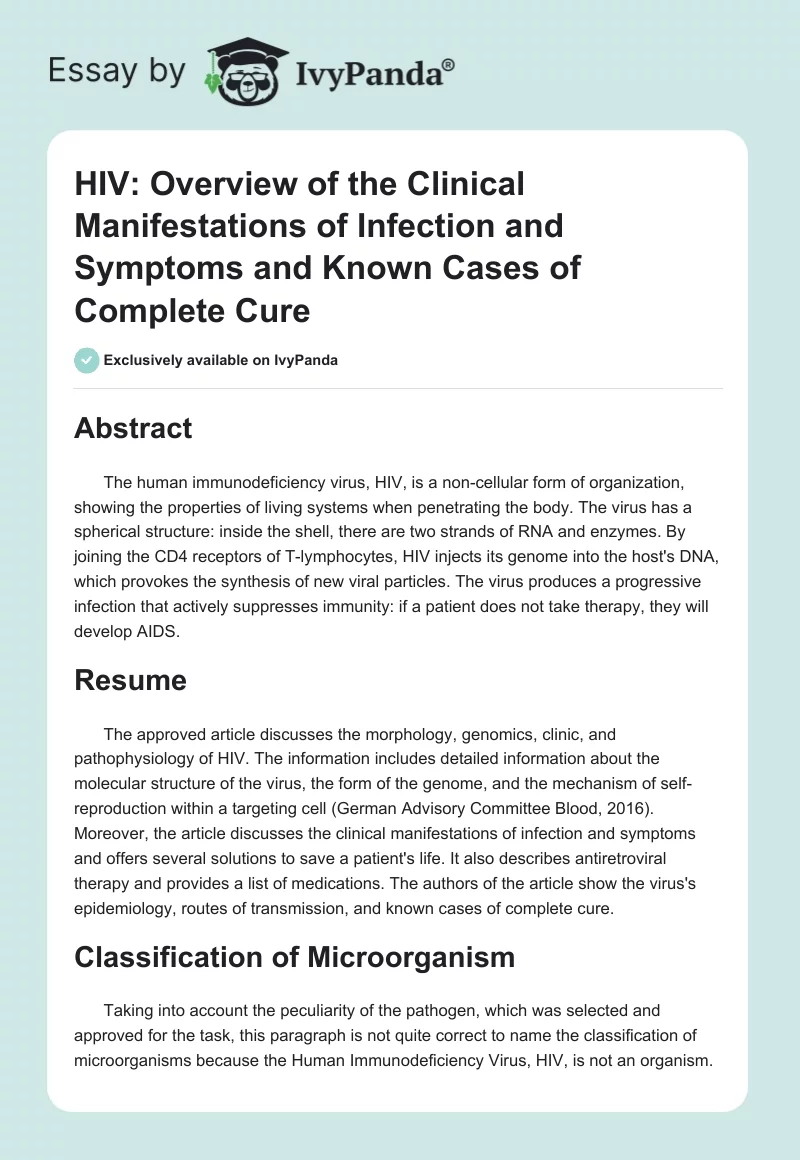 HIV: Overview of the Clinical Manifestations of Infection and Symptoms and Known Cases of Complete Cure. Page 1