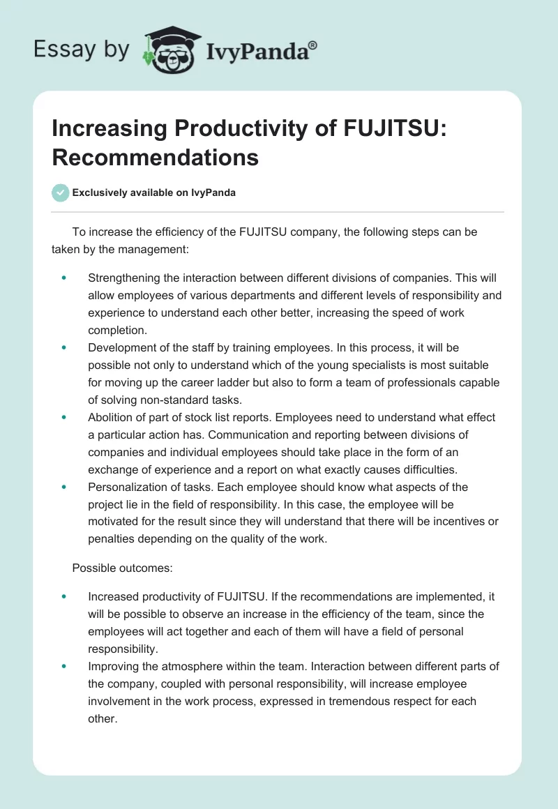 Increasing Productivity of FUJITSU: Recommendations. Page 1