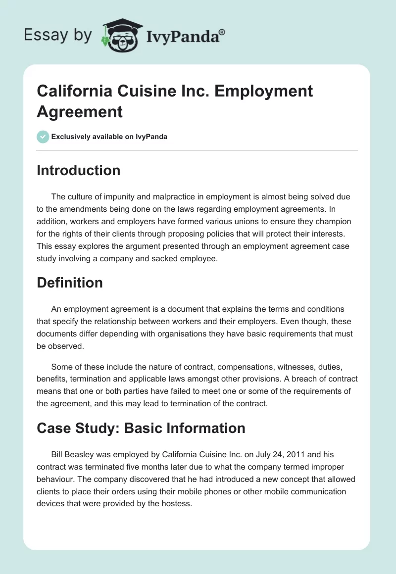 California Cuisine Inc. Employment Agreement. Page 1