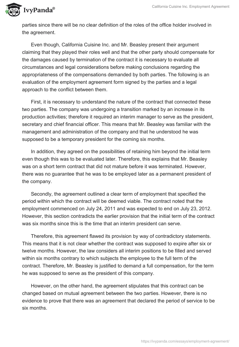 California Cuisine Inc. Employment Agreement. Page 3