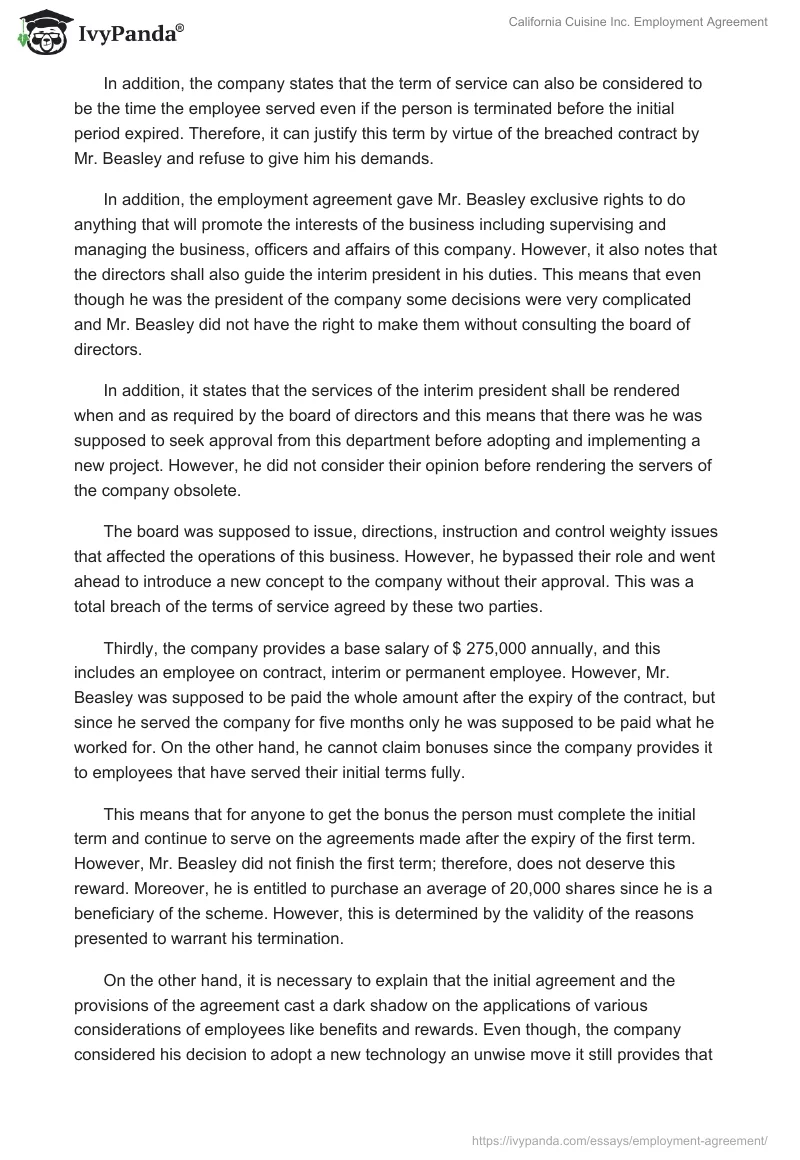 California Cuisine Inc. Employment Agreement. Page 4