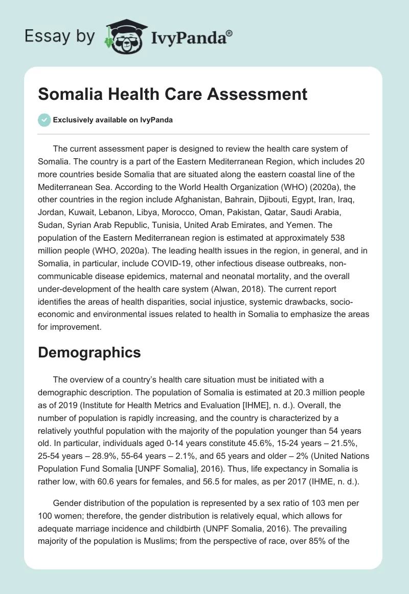 Somalia Health Care Assessment. Page 1