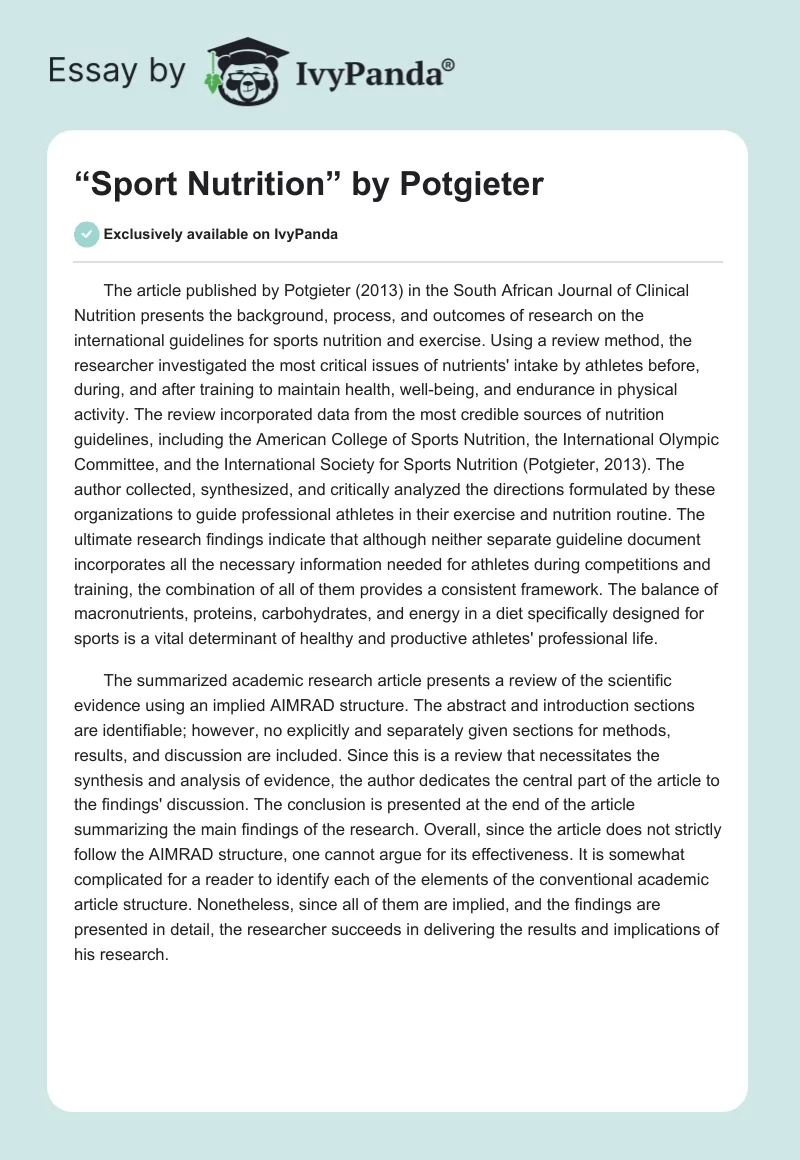 “Sport Nutrition” by Potgieter. Page 1