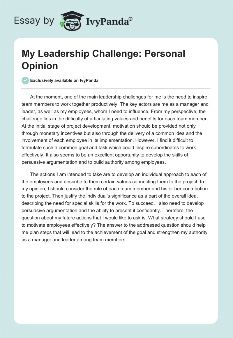 My Leadership Challenge: Personal Opinion. Page 1