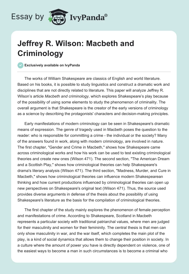Jeffrey R. Wilson: Macbeth and Criminology. Page 1