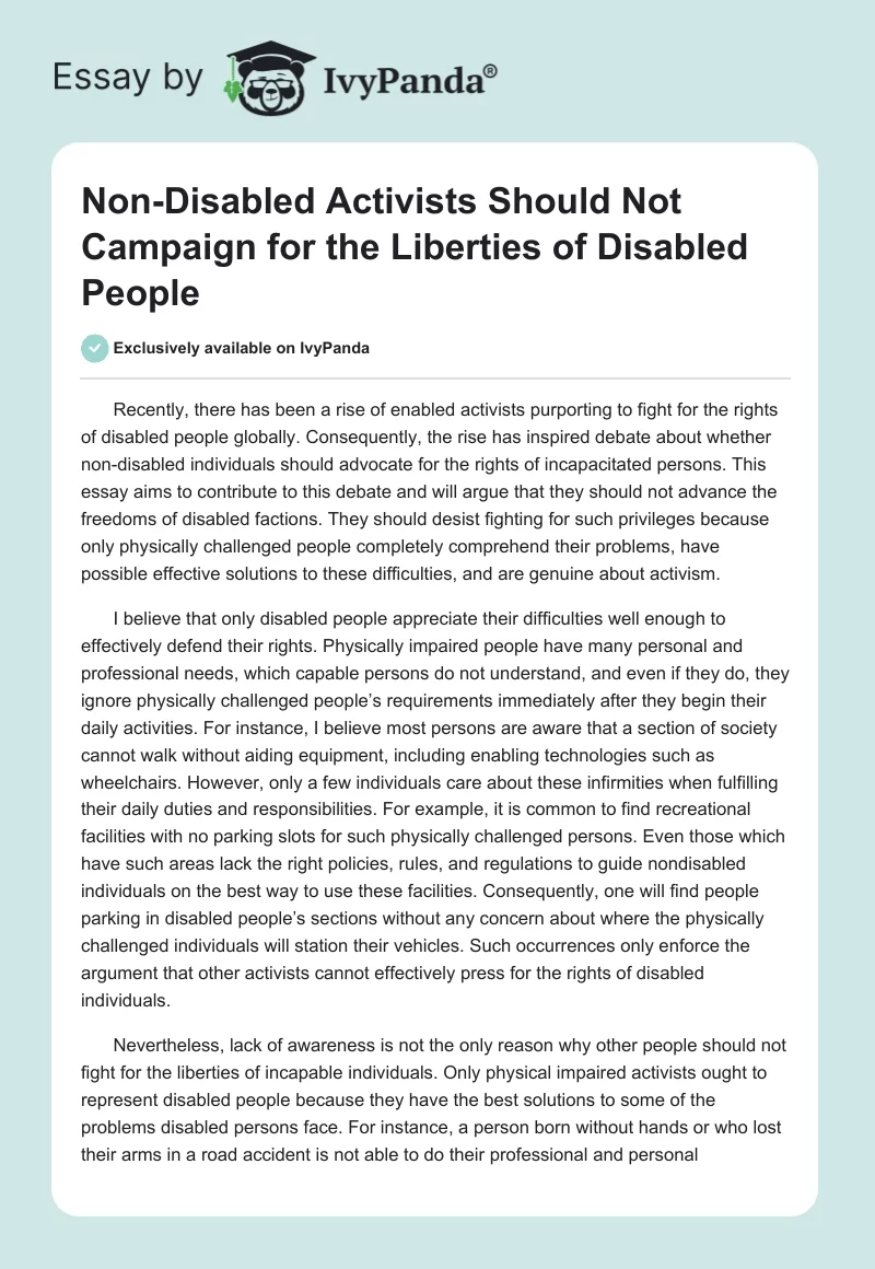 Non-Disabled Activists Should Not Campaign for the Liberties of Disabled People. Page 1