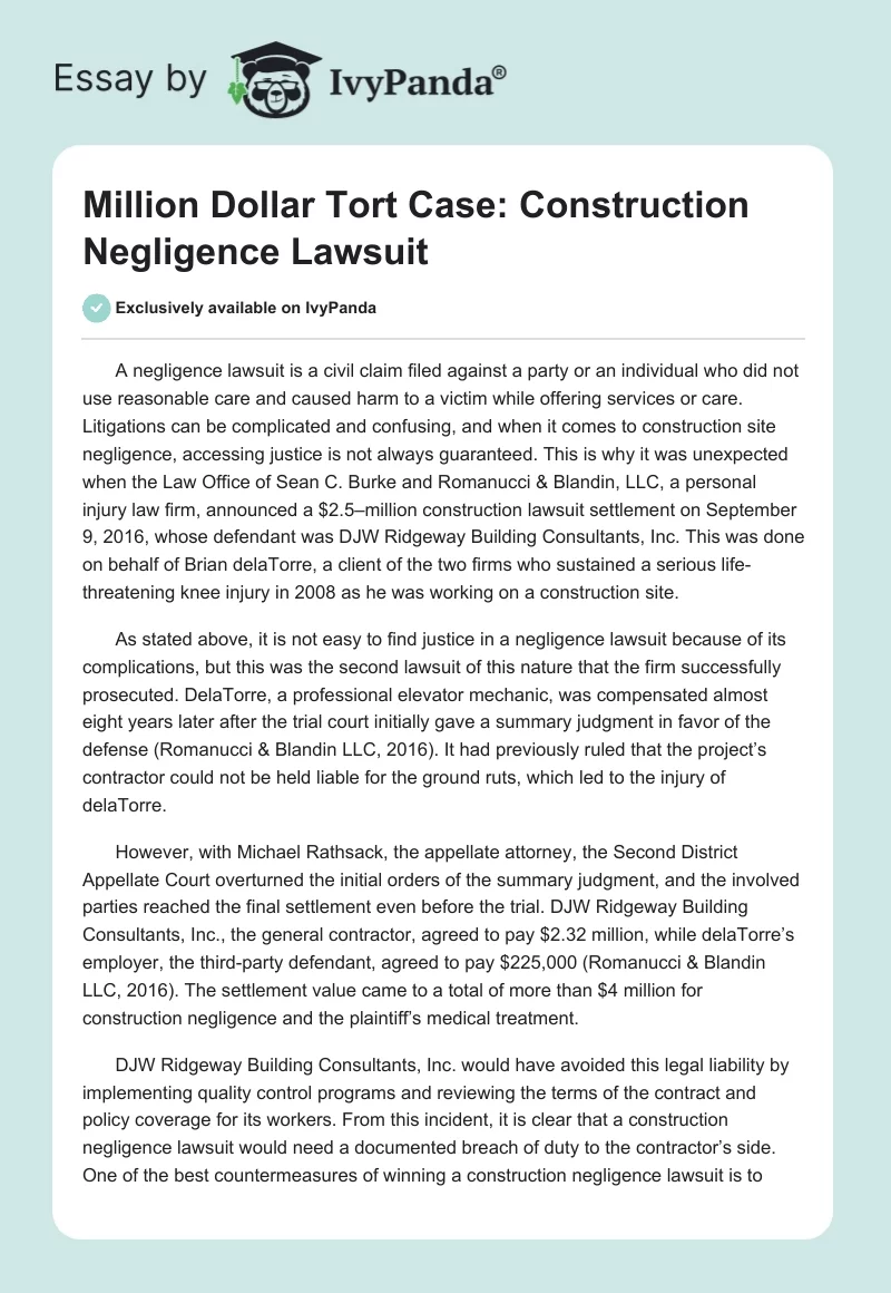 Million Dollar Tort Case: Construction Negligence Lawsuit. Page 1