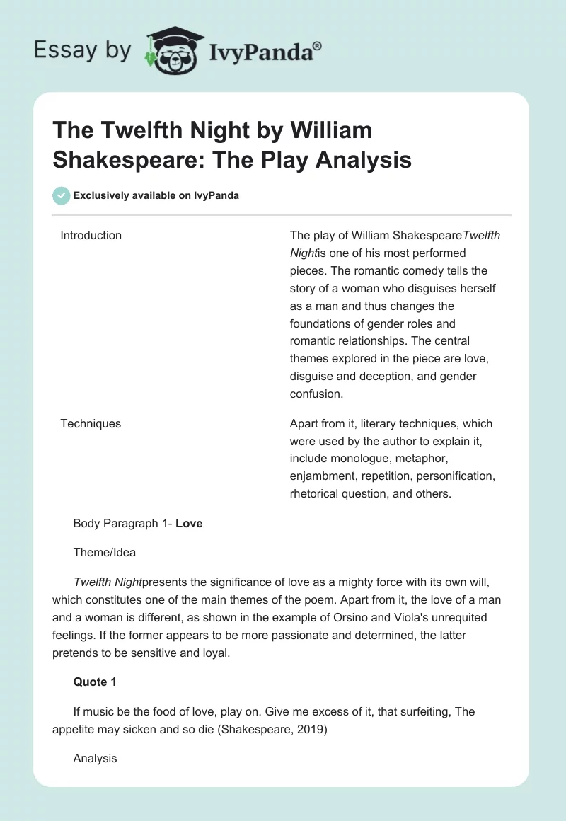 "The Twelfth Night" by William Shakespeare: The Play Analysis. Page 1