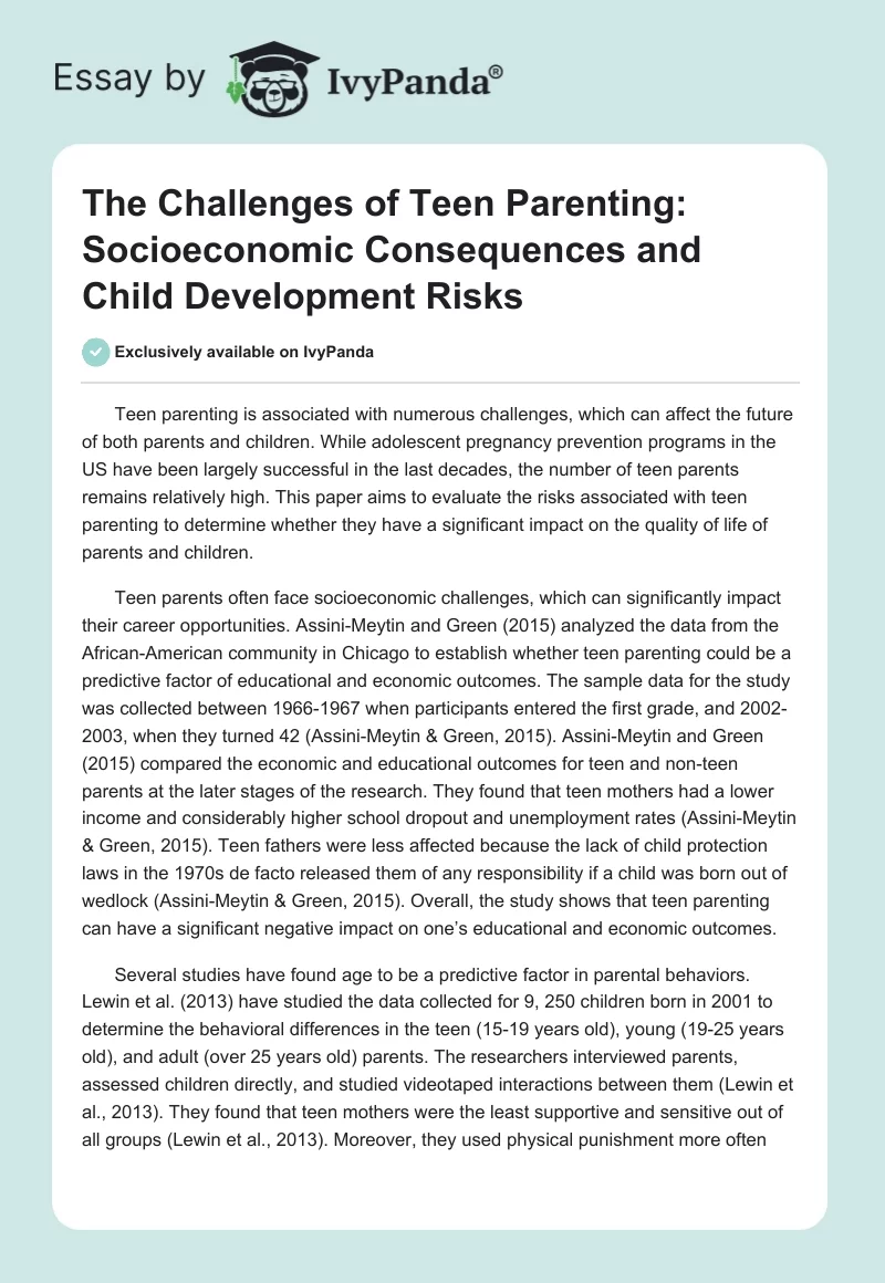 The Challenges of Teen Parenting: Socioeconomic Consequences and Child Development Risks. Page 1