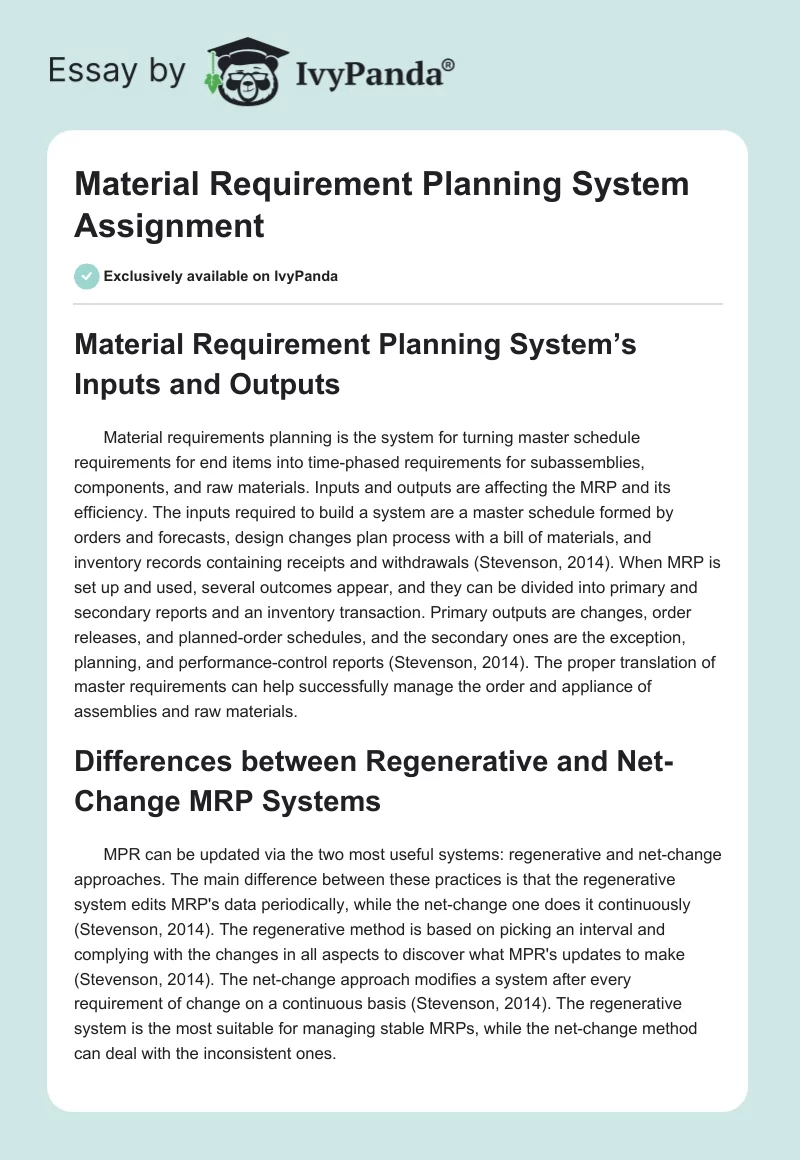 Material Requirement Planning System Assignment. Page 1