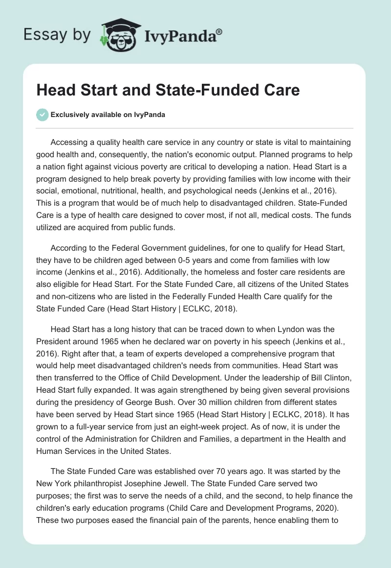 Head Start and State-Funded Care. Page 1
