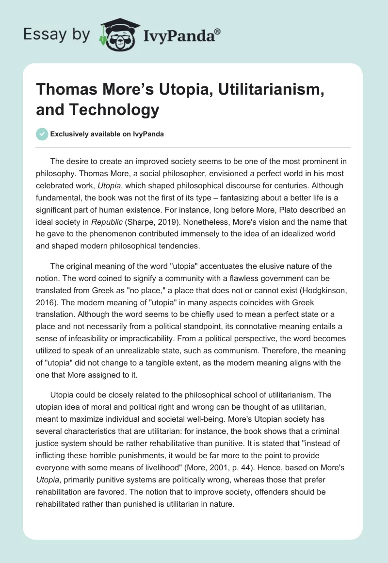 Thomas More’s Utopia, Utilitarianism, and Technology. Page 1