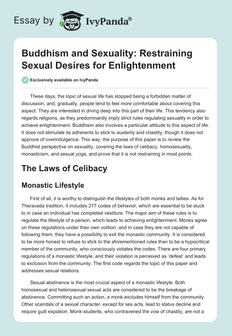 Buddhism and Sexuality: Restraining Sexual Desires for Enlightenment. Page 1