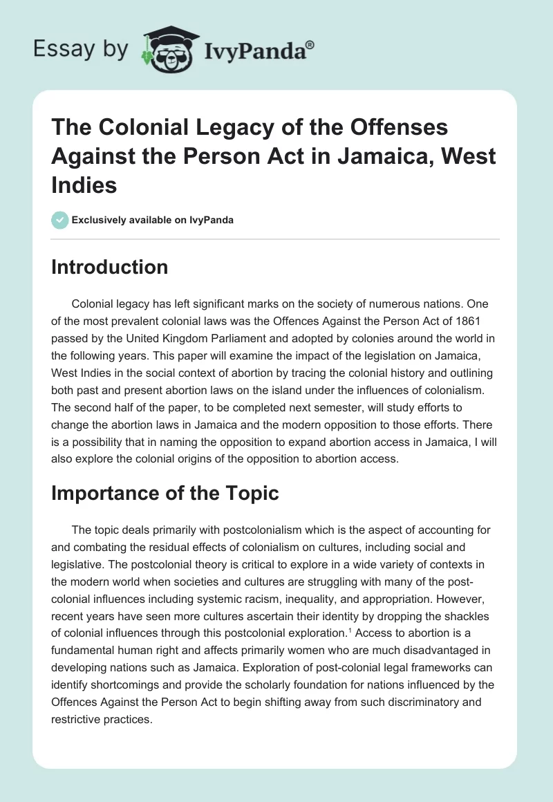 The Colonial Legacy of the Offenses Against the Person Act in Jamaica, West Indies. Page 1