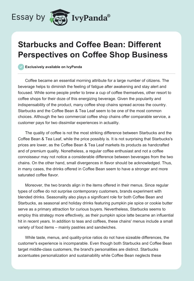 Starbucks and Coffee Bean: Different Perspectives on Coffee Shop Business. Page 1