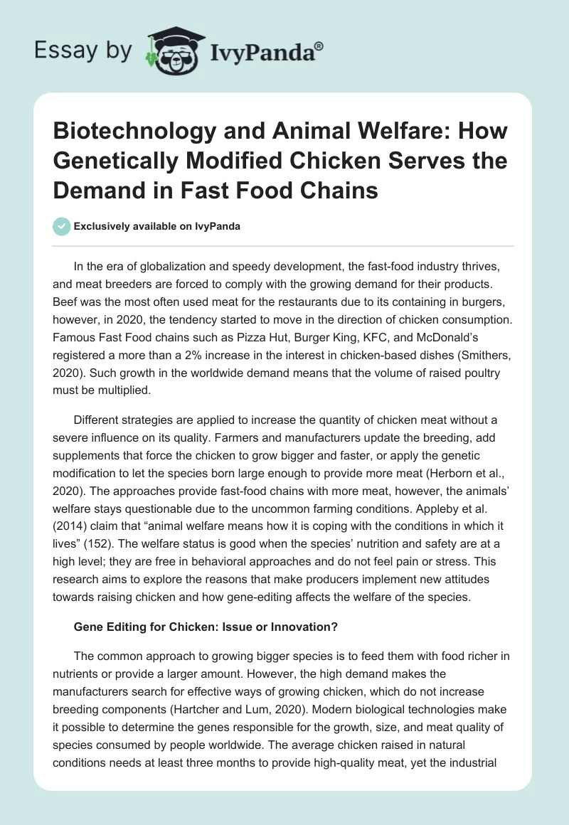 Biotechnology and Animal Welfare: How Genetically Modified Chicken Serves the Demand in Fast Food Chains. Page 1