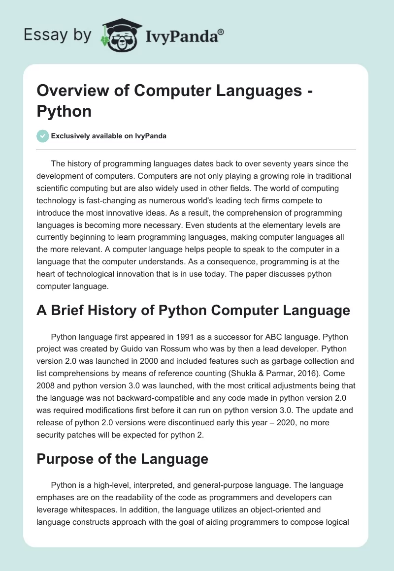 Overview of Computer Languages - Python. Page 1