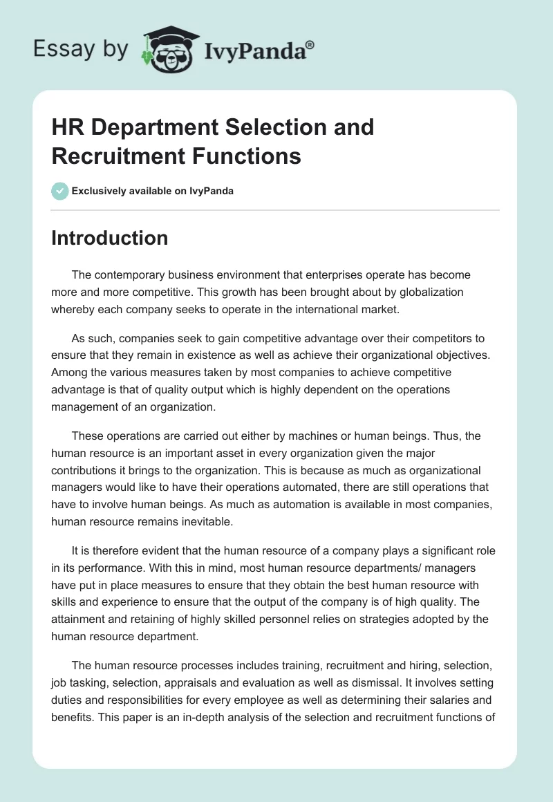 HR Department Selection and Recruitment Functions. Page 1