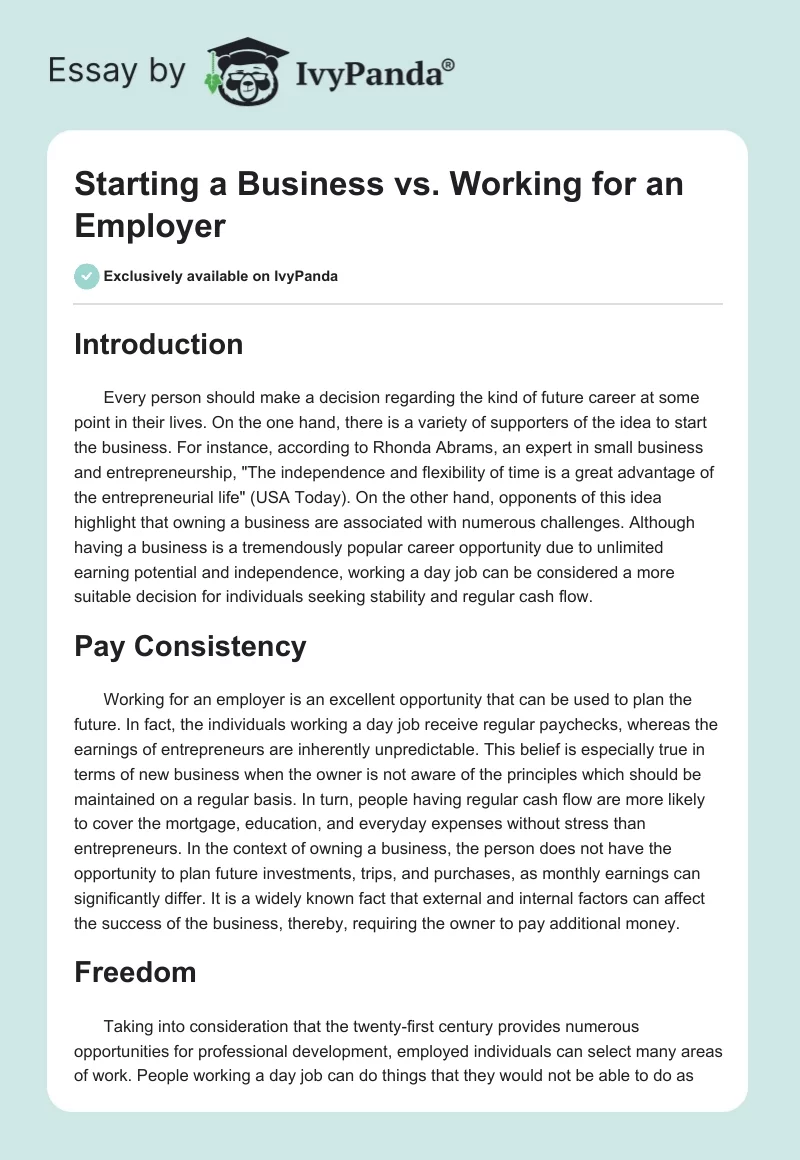 Starting a Business vs. Working for an Employer. Page 1