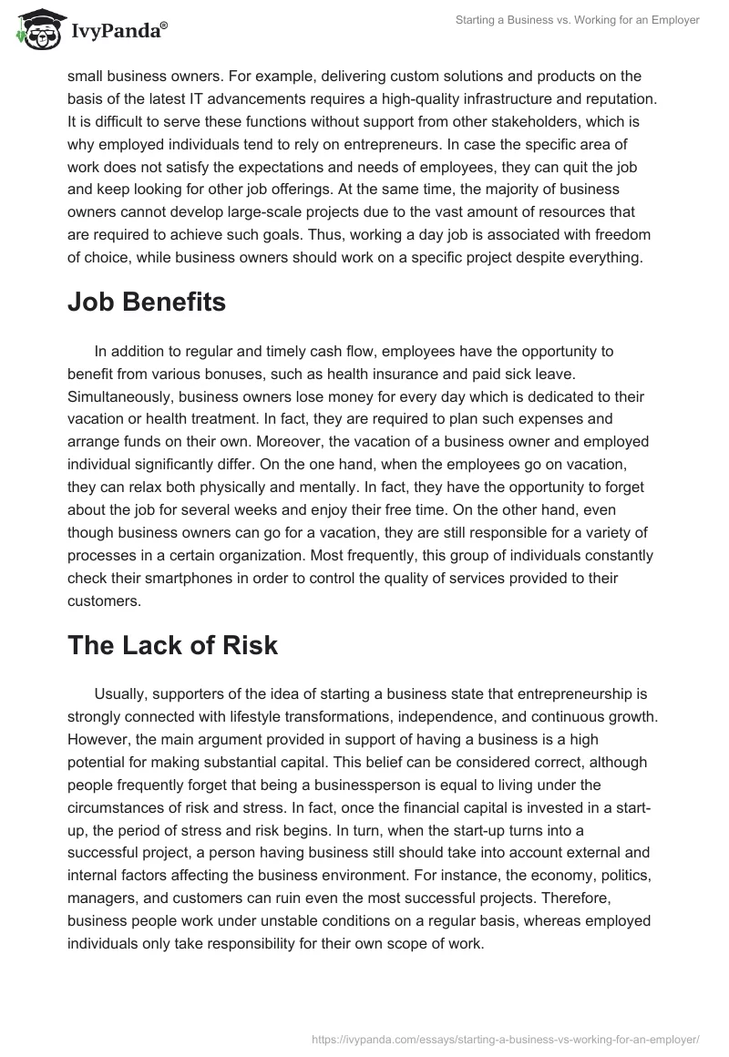 Starting a Business vs. Working for an Employer. Page 2