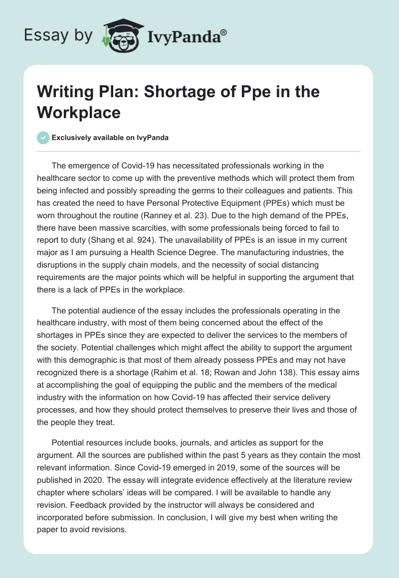 Writing Plan: Shortage of Ppe in the Workplace. Page 1