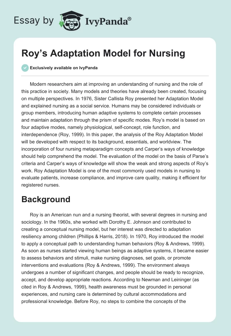 Roy’s Adaptation Model for Nursing. Page 1