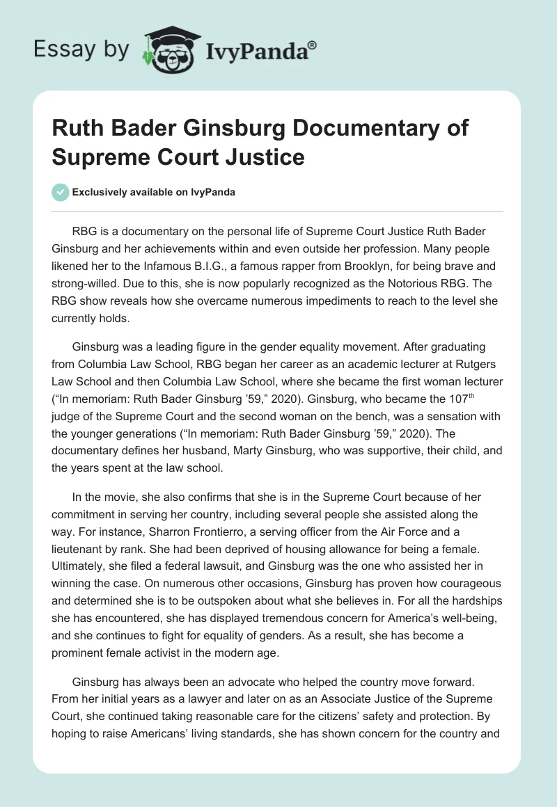Ruth Bader Ginsburg Documentary of Supreme Court Justice. Page 1