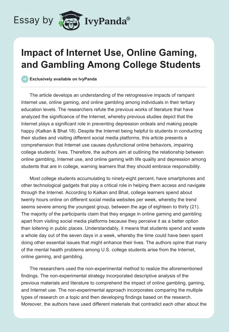 Impact of Internet Use, Online Gaming, and Gambling Among College Students. Page 1