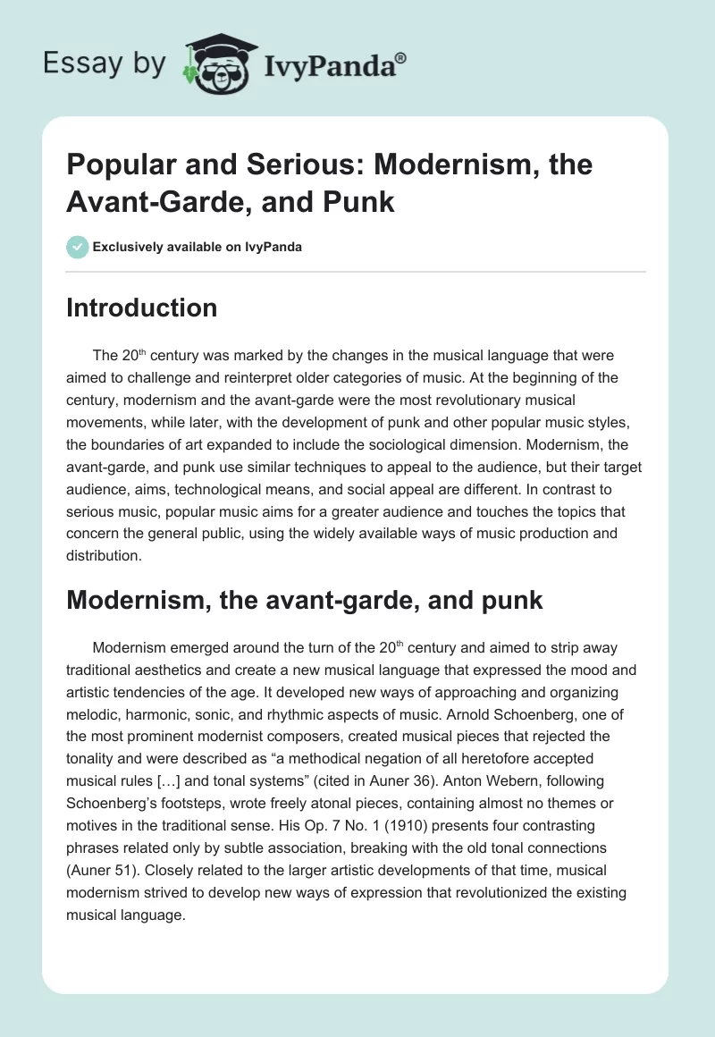 Popular and Serious: Modernism, the Avant-Garde, and Punk. Page 1