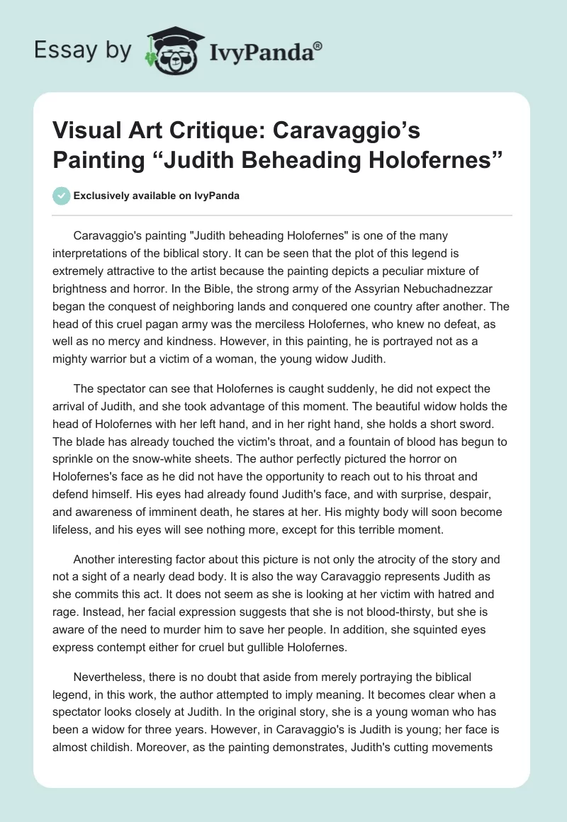 Visual Art Critique: Caravaggio’s Painting “Judith Beheading Holofernes”. Page 1