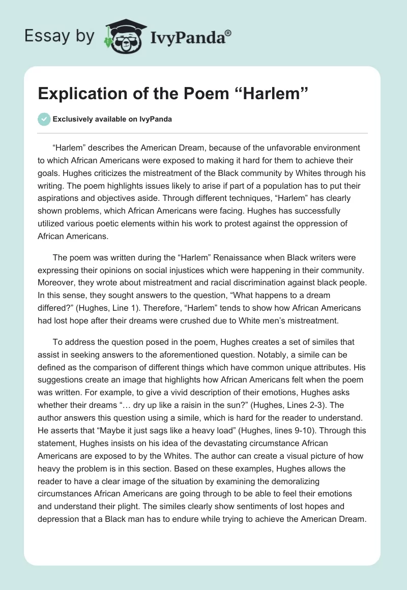 Explication of the Poem “Harlem”. Page 1