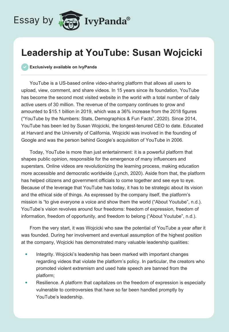 Leadership at YouTube: Susan Wojcicki. Page 1