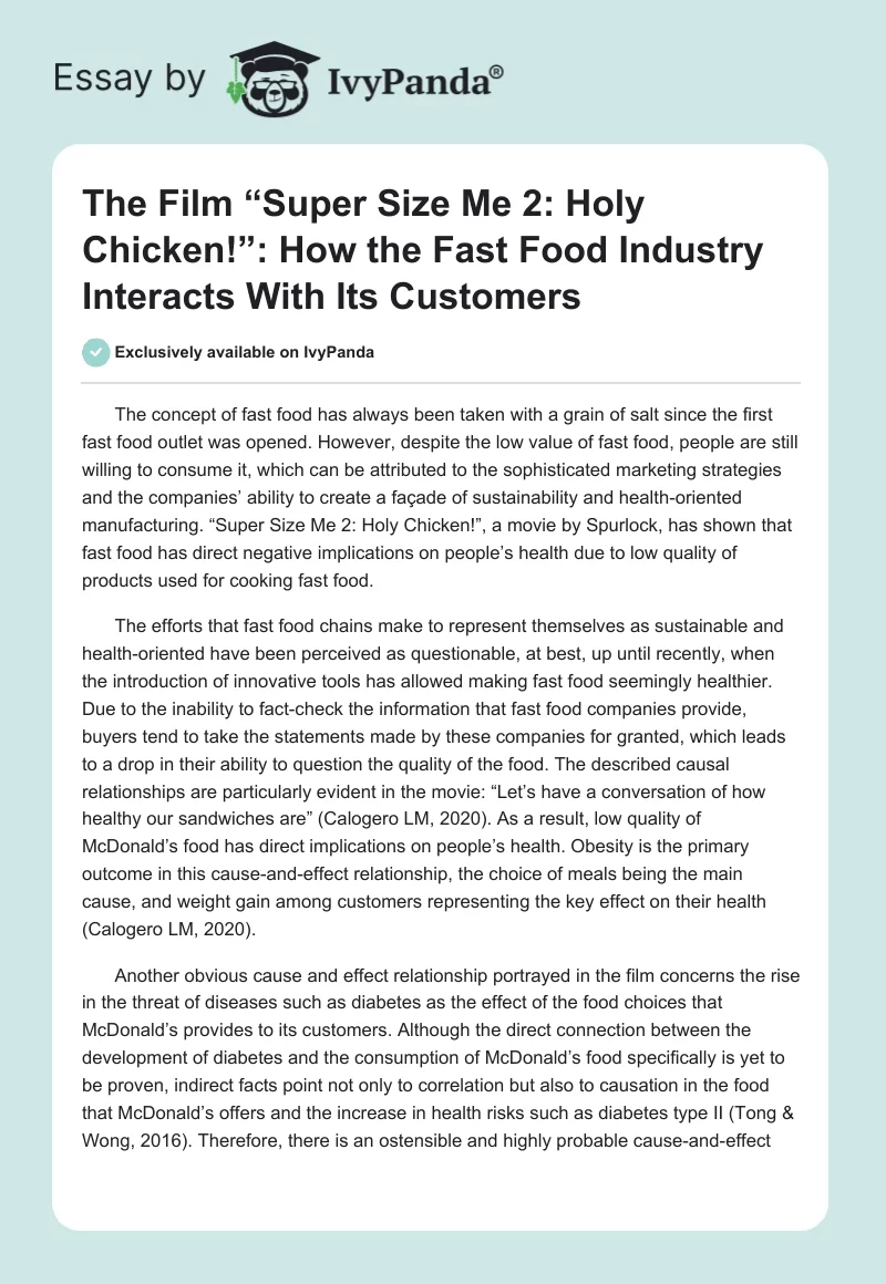 The Film “Super Size Me 2: Holy Chicken!”: How the Fast Food Industry Interacts With Its Customers. Page 1