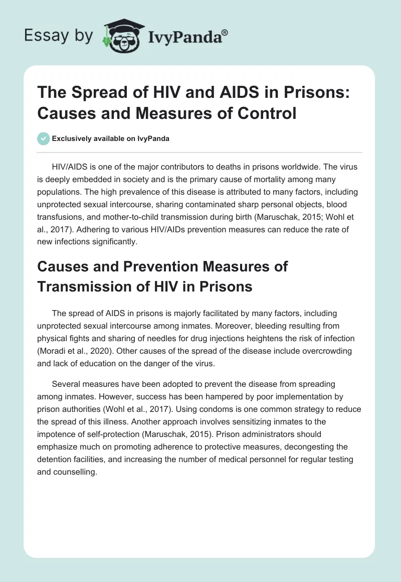 The Spread of HIV and AIDS in Prisons: Causes and Measures of Control. Page 1