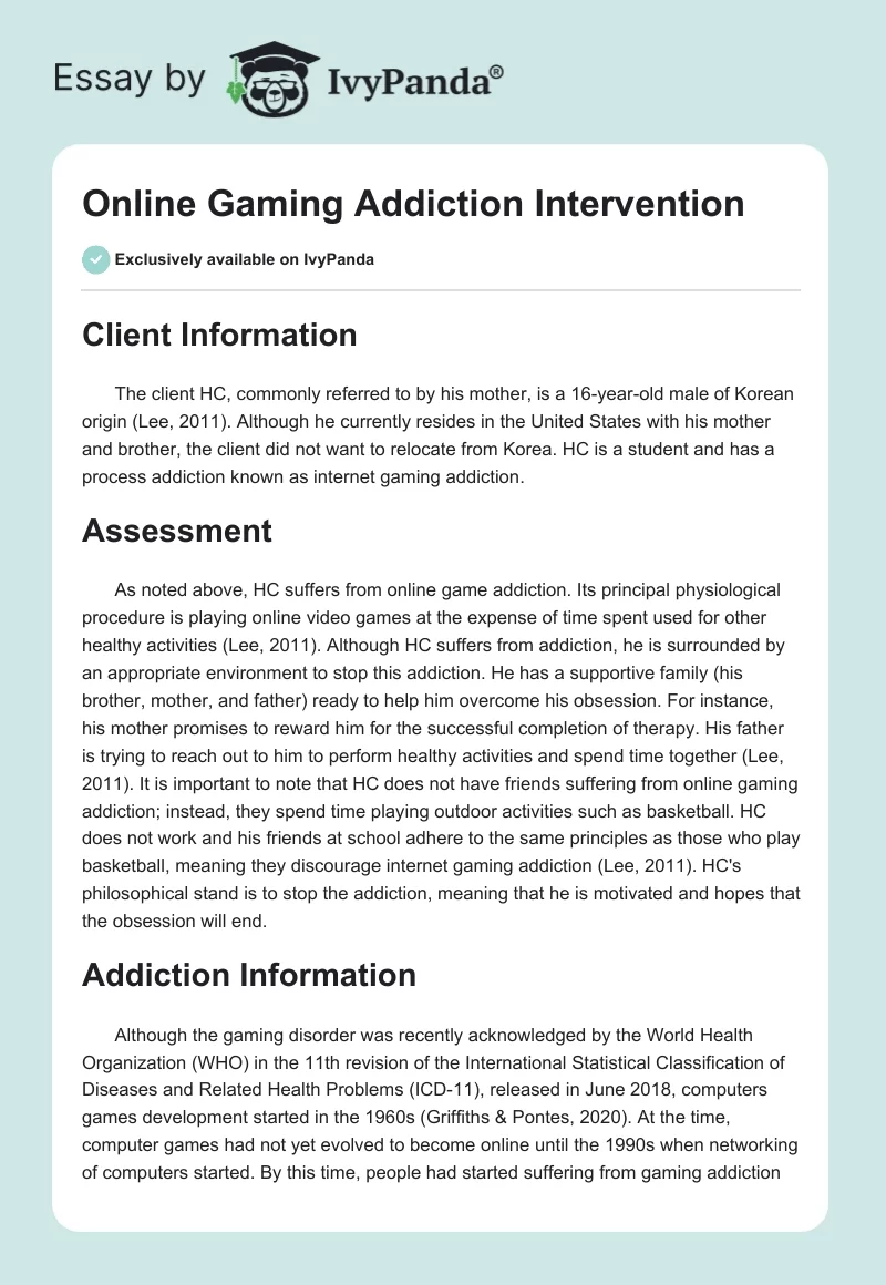 Online Gaming Addiction Intervention. Page 1