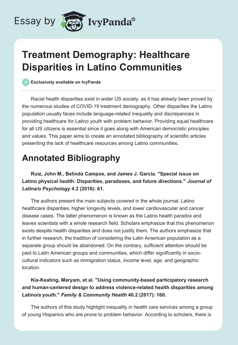 Treatment Demography: Healthcare Disparities in Latino Communities. Page 1