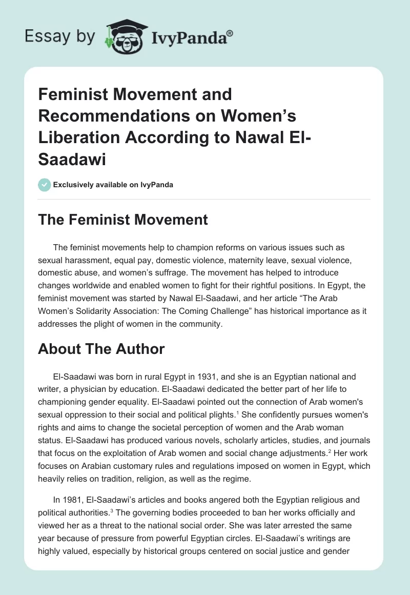 Feminist Movement and Recommendations on Women’s Liberation According to Nawal El-Saadawi. Page 1