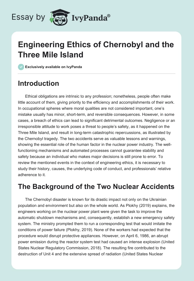 Engineering Ethics of Chernobyl and the Three Mile Island. Page 1