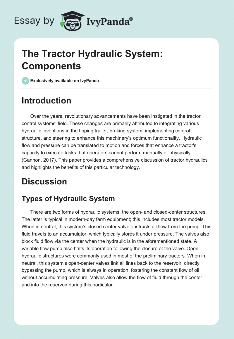 The Tractor Hydraulic System: Components. Page 1