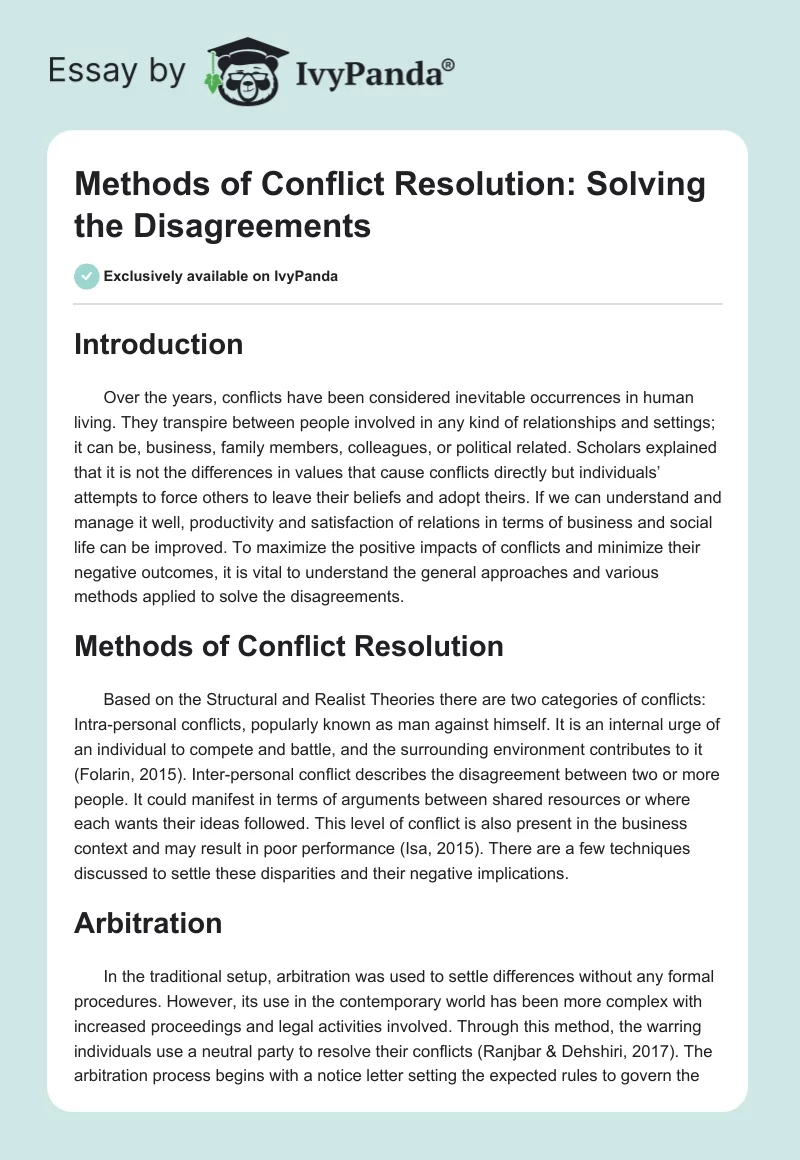Methods of Conflict Resolution: Solving the Disagreements. Page 1