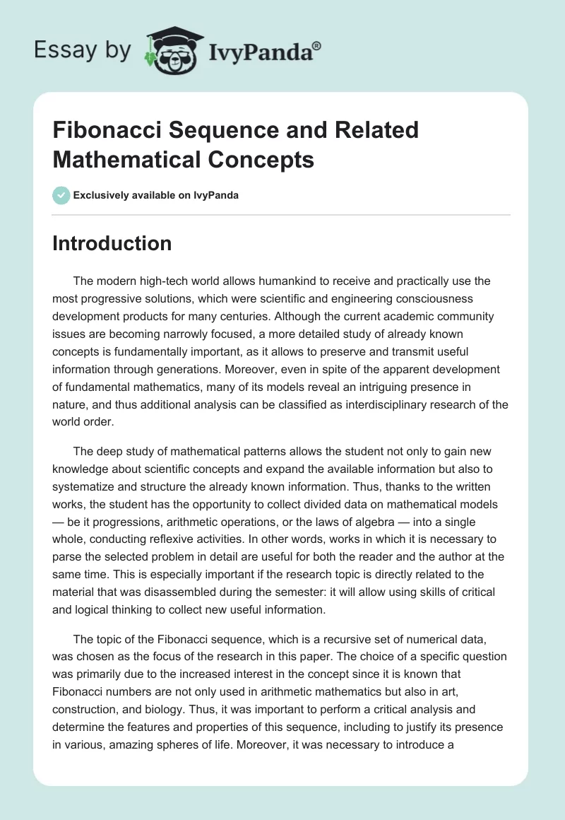 Fibonacci Sequence and Related Mathematical Concepts. Page 1
