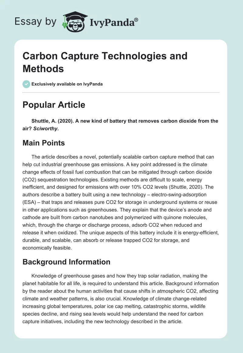 Carbon Capture Technologies and Methods. Page 1